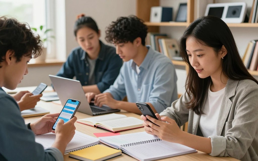 A cozy study environment featuring a diverse group of individuals using their smartphones and tablets to engage with study apps. In the foreground, a young woman in casual business attire focuses intently on her device, surrounded by colorful study materials and notes. In the middle ground, a young man collaborates with a friend, sharing knowledge via an interactive learning app on a laptop. Soft natural lighting illuminates the scene, highlighting the engaging faces of the users. The background showcases shelves filled with books and tech gadgets, creating a productive atmosphere. The mood is vibrant and focused, capturing the essence of effective mobile learning techniques in a distraction-free zone.