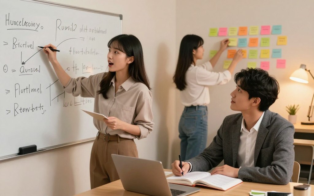 A cozy study environment featuring a diverse group of three students actively engaging in different study techniques. In the foreground, a young woman, dressed in smart casual attire, is using a whiteboard to illustrate concepts, her expression focused but excited. To her right, a man in business casual sits at a desk, highlighting key points in a textbook while taking notes. In the background, a young Asian woman stands, arranging colorful sticky notes on a wall, representing brainstorming and visual learning. The room has warm lighting from a desk lamp, casting soft shadows, creating an inviting atmosphere. The overall mood is energetic and collaborative, illustrating the effectiveness of active study techniques and a supportive study environment.