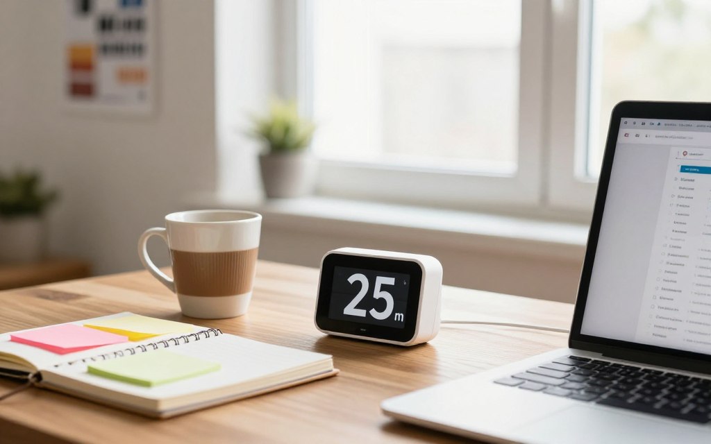 A cozy study environment for a Pomodoro session, featuring a sleek wooden desk with a digital timer set to 25 minutes, a half-filled coffee cup, and a neatly arranged notebook with colorful sticky notes. In the foreground, a laptop displays a productivity app interface. The middle section shows a bright window with soft natural light streaming in, illuminating the scene. In the background, a wall with motivational posters and a small plant adds a refreshing touch. The mood is calm and focused, conveying a sense of productivity and time management. The image is captured with a warm color palette and a shallow depth of field, emphasizing the timer and workspace while softly blurring the background elements.