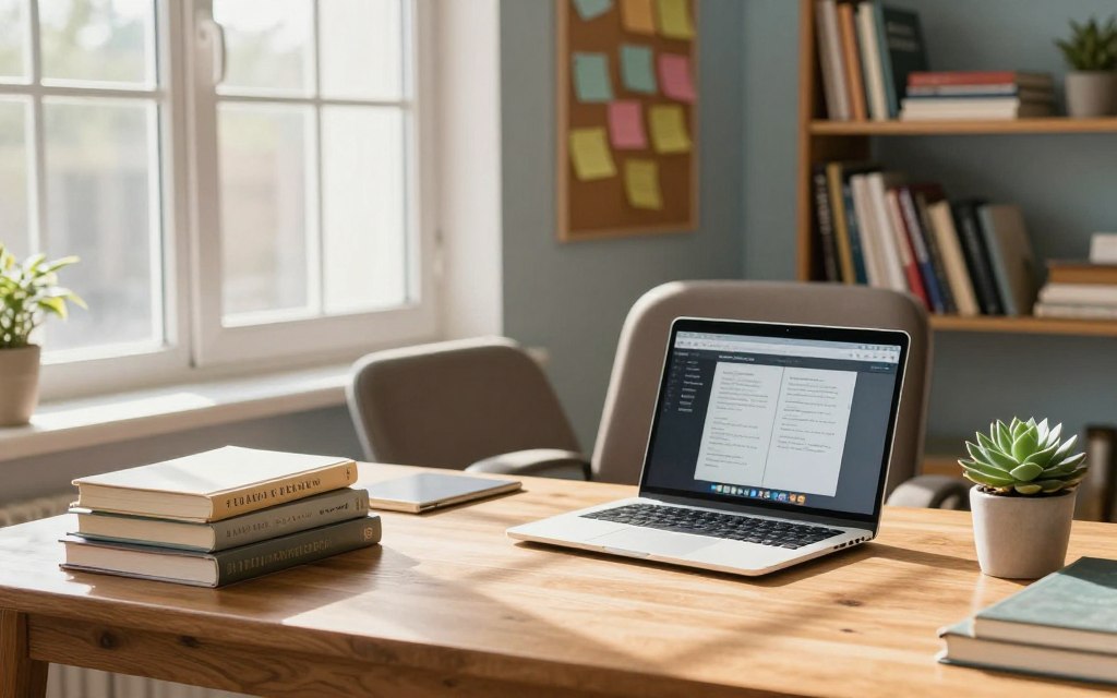 A cozy study environment showcasing an organized workspace. In the foreground, a sturdy wooden desk with neatly stacked books, a laptop with an open study app, and a potted succulent for added greenery. The middle ground features a comfortable ergonomic chair and a corkboard filled with colorful notes and reminders. Natural light streams in from a large window, casting soft shadows and creating a warm ambiance. In the background, a bookshelf lined with neatly arranged study materials, and a calming wall color, such as light blue or beige, adds to the serene atmosphere. The scene suggests focus and productivity, inspiring a sense of motivation and creativity for learners. The perspective is slightly elevated, capturing the essence of an inviting study area.
