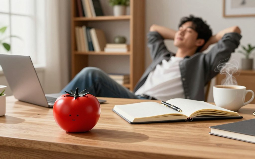 A cozy study space featuring a wooden desk with a classic tomato-shaped Pomodoro timer prominently placed in the foreground. On the desk, open notebooks and an elegant pen lie next to a steaming cup of coffee, suggesting a productive environment. In the middle ground, a relaxed individual in smart casual attire is taking a break, looking refreshed while stretching. The background showcases a well-lit library shelf filled with books and plants, creating an inviting and serene atmosphere. Soft natural light streams through a window, casting gentle shadows and enhancing the warm, focused mood of the space. The overall scene evokes a sense of discipline blended with the joy of breaks, emphasizing the balance of productivity and relaxation.