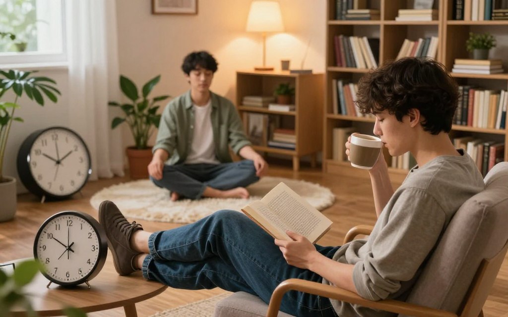 A cozy study space featuring two distinct scenes illustrating short and long study breaks. In the foreground, a student in modest casual clothing relaxes on a comfy chair, sipping coffee and browsing a book. A clock in the scene shows a brief 10-minute break. In the middle ground, the same student is seen taking a longer break on a soft rug, meditating with closed eyes, surrounded by plants for a serene atmosphere. The background showcases bookshelves filled with books and warm, inviting lighting from a desk lamp, creating a calming environment. The angle captures both moments side by side, emphasizing the contrast between short and long breaks. The overall mood is tranquil and focused, encouraging a sense of balance in study habits.
