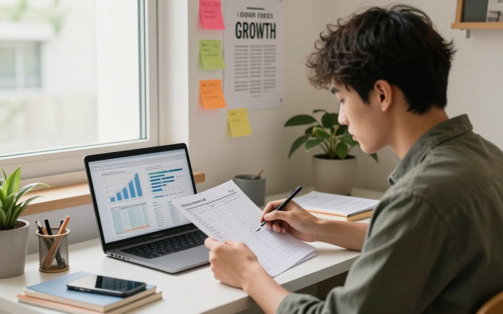 A cozy yet professional study environment showcasing a desk with an open laptop displaying graphs and progress charts. In the foreground, a focused young adult in smart casual attire reviews a paper planner filled with notes and tasks. The middle layer features a neatly organized workspace with colorful sticky notes and a motivational poster on the wall emphasizing growth and time management. The background includes a window with soft natural light streaming in, creating a warm atmosphere with a plant to the side, adding a touch of life to the setting. The scene should evoke a sense of determination and focus, highlighting the journey of monitoring and adjusting study progress.