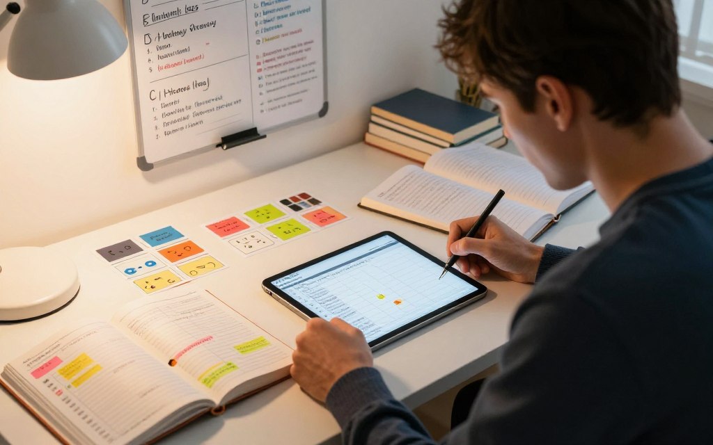 A focused individual sitting at a modern desk, surrounded by a variety of study materials, such as textbooks, notebooks, and flashcards, laying out a structured study plan on a digital tablet. In the foreground, a planner open to a weekly schedule filled with colorful notes and revision topics. The middle ground features a wall-mounted whiteboard with strategies and goals, while the background shows a warm, inviting room with soft, ambient lighting from a desk lamp creating a cozy atmosphere. The subject is wearing smart casual clothing. The overall mood is one of motivation and determination, emphasizing organization and an effective study strategy, captured in a slightly top-down angle to display the desk's layout and surroundings.