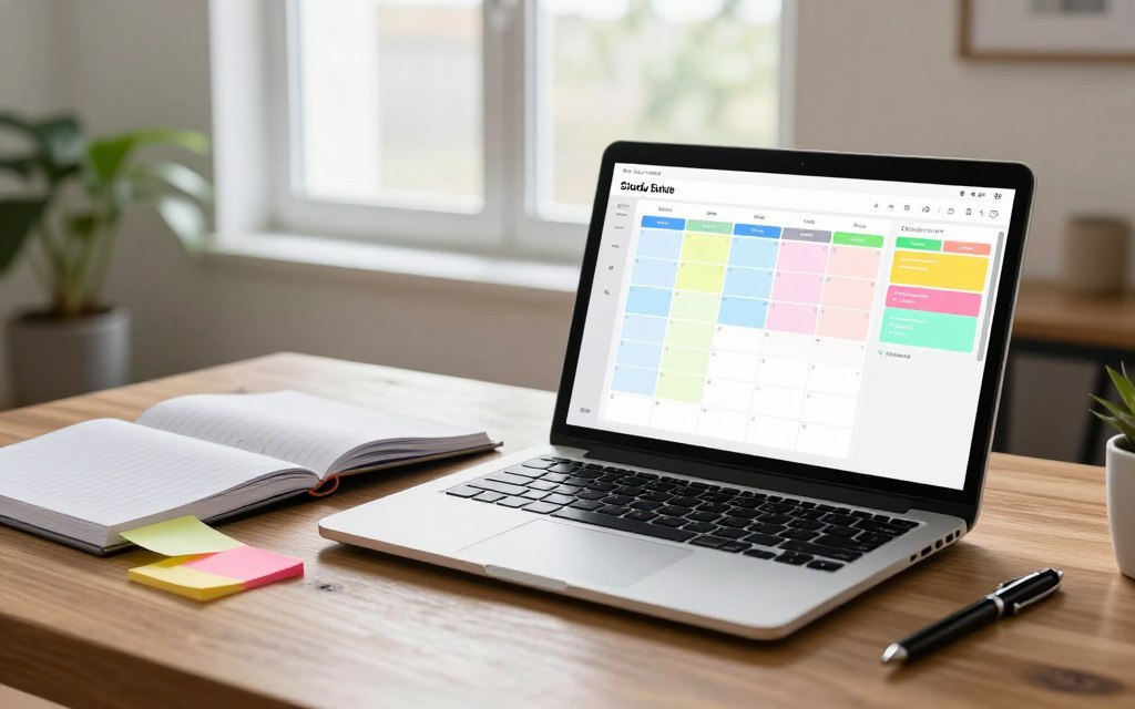 A modern digital workspace featuring a study schedule app displayed on a sleek laptop, positioned on a wooden desk. The foreground includes neatly arranged notebooks, colorful sticky notes, and a stylish pen to suggest an organized study environment. In the middle, the laptop screen shows a vibrant, user-friendly study schedule interface with clear time slots, subjects, and color-coded categories. The background features a cozy study nook with a large window allowing soft natural light to filter in, illuminating the space. A potted plant adds a touch of greenery, enhancing the calm and focused atmosphere. The overall mood is one of productivity and clarity, inviting viewers to imagine a well-planned study routine.