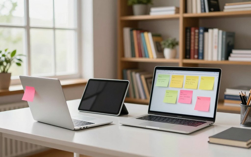 A modern study space showcasing the role of technology in studying. In the foreground, a sleek desk with a laptop, a tablet, and colorful sticky notes arranged artistically, symbolizing organization. In the middle ground, a bookshelf filled with neatly categorized study materials, like textbooks and notebooks, creating a sense of order. In the background, a large window allowing natural light to flood the room, with subtle green plants visible, adding a touch of calmness. The lighting is soft and inviting, suggesting warmth and focus. The scene conveys a productive and serene atmosphere, ideal for beginners exploring effective study techniques, emphasizing the integration of digital tools in learning. Use a wide-angle perspective to capture the entire study environment cohesively.