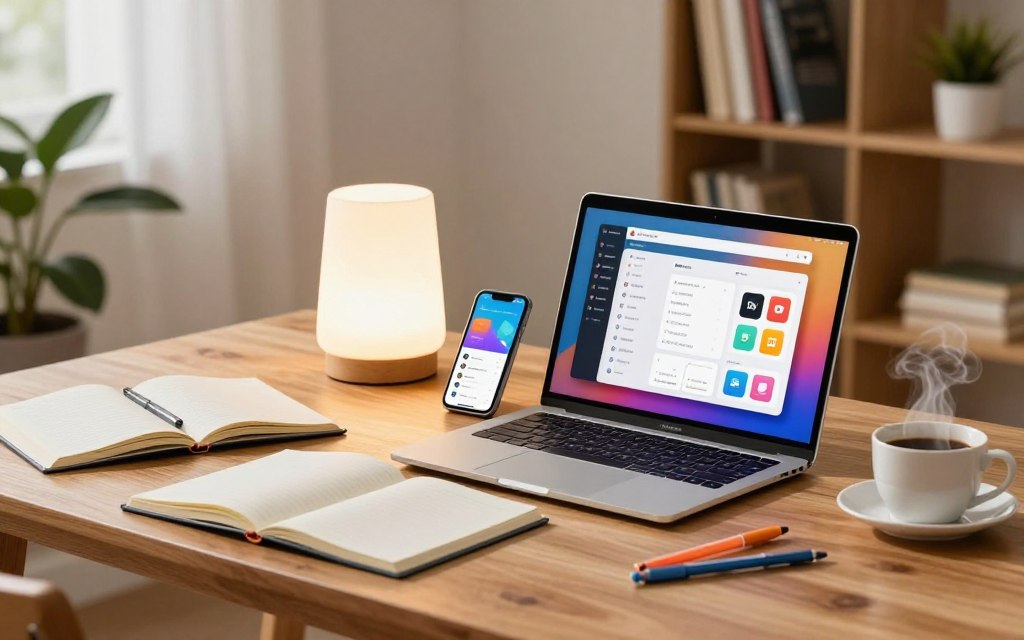 A modern study workspace featuring various study apps and tools arranged neatly on a stylish wooden desk. In the foreground, a sleek laptop displays a vibrant interface of productivity apps, accompanied by a smartphone showing a study timer app. Scattered around are open notebooks, colored pens, and a steaming cup of coffee, adding a personal touch. In the middle ground, a soft, glowing desk lamp illuminates the scene, creating a warm and inviting atmosphere. The background showcases a tidy bookshelf filled with educational resources and decorative plants, promoting a sense of tranquility. The image is captured with a slightly blurred depth of field, emphasizing the study tools while providing a cozy, focused study environment that encourages consistency in learning. Bright, soft lighting enhances the overall positive mood, making the workspace feel both functional and appealing.