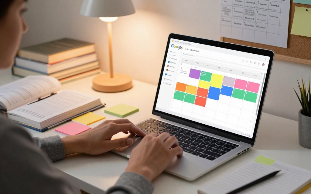 A modern, well-organized workspace featuring a laptop open to Google Calendar, displaying colorful blocks scheduled for study sessions and resource reminders. In the foreground, a pair of hands, wearing professional business attire, are typing on a sleek keyboard. The middle ground includes a neatly arranged desk with study materials such as textbooks, notepads, and colorful sticky notes. A warm, cozy lamp casts soft lighting, creating a focused atmosphere. In the background, a wall with a bulletin board filled with study schedules and motivational quotes. The lens captures this scene from a slight high angle, emphasizing the productivity of the workspace, evoking a sense of organization and motivation.