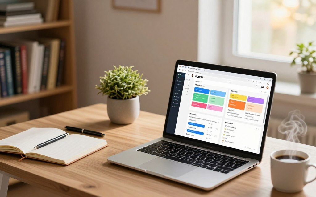 A modern workspace showcasing a digital examination preparation using Notion. In the foreground, a sleek laptop displays an organized Notion page filled with colorful study blocks and flashcards, alongside an open notebook, pens, and a steaming cup of coffee. The middle layer features a cozy desk with a small indoor plant and a soft light illuminating the scene, creating a warm and inviting atmosphere. In the background, a bookshelf filled with educational resources and a window allowing gentle morning sunlight to filter in, enhancing the ambiance. The mood is focused yet relaxed, perfect for productive study sessions. Use natural lighting to evoke a sense of inspiration and clarity, captured from a slight overhead angle to encompass the workspace effectively.