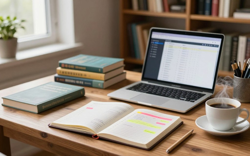 A serene and organized study space showcasing a beautifully arranged wooden desk, illuminated by soft, natural light coming through a nearby window. The foreground features a neatly prioritized study planner with colorful sticky notes and highlighted tasks in an open notebook, alongside a steaming cup of coffee. In the middle, there are books arranged by subject and a laptop open to a study app displaying a to-do list. The background includes a warm, inviting bookshelf filled with textbooks and plants that add a touch of greenery. The mood is focused and motivational, reflecting a dedicated study environment designed for productivity, with a slightly blurred background enhancing the sense of depth.