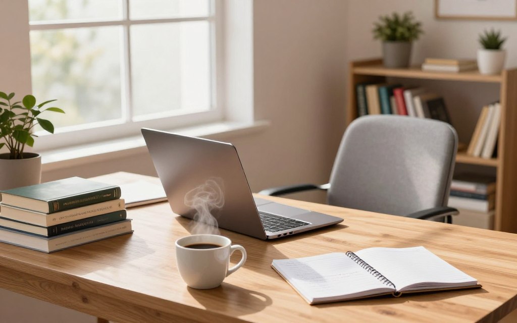 A serene study environment designed for productivity, featuring a spacious wooden desk with an organized stack of books and a laptop open. In the foreground, a steaming cup of coffee sits beside a notepad filled with notes. The middle focuses on a comfortable ergonomic chair positioned near a large window that bathes the room in soft, natural light, highlighting warm pastel wall colors. In the background, a neatly arranged bookshelf filled with colorful books complements potted plants that add a touch of greenery. The atmosphere is calm and inviting, perfect for immersion in study, with subtle shadows enhancing depth. Captured from a slightly elevated angle to showcase the layout, the image evokes a sense of motivation and clarity.