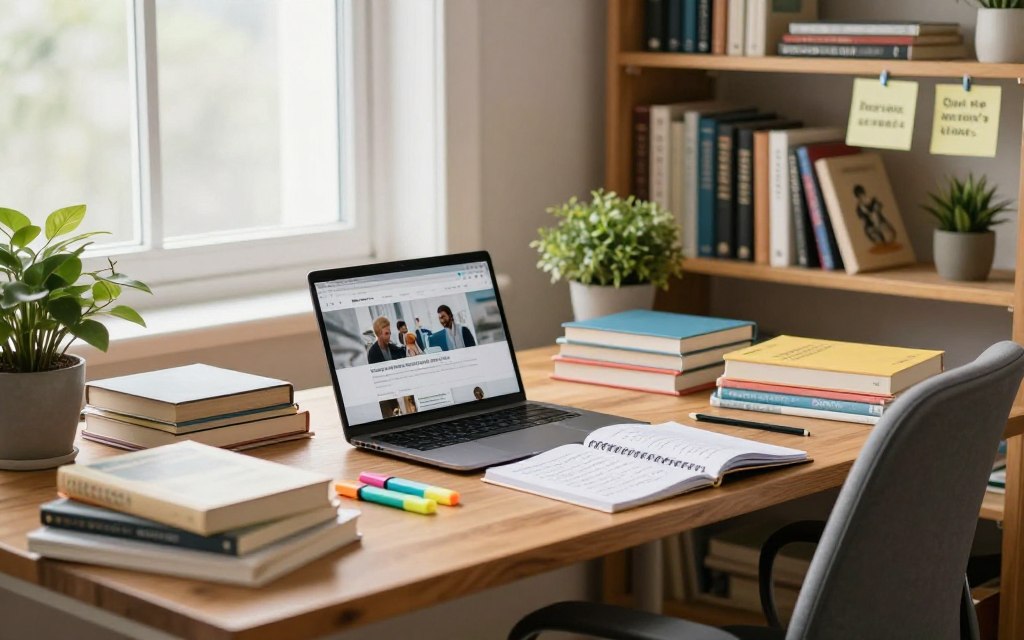 A serene study environment featuring a well-organized desk overflowing with diverse study resources. Foreground: a wooden desk with a laptop open to an educational website, surrounded by neatly stacked textbooks, colorful highlighters, and a notepad filled with handwritten notes. Middle: a comfortable, ergonomically designed chair slightly pulled back from the desk, and a potted plant adding a touch of green. Background: a cozy bookshelf filled with various genres of books and motivational quotes on sticky notes. Soft, natural light streams in through a window, casting a gentle glow over the scene, creating a focused and inviting atmosphere for studying alone. The composition should evoke a sense of calm and determination, with a depth of field focusing on the desk and resources, while softly blurring the background.