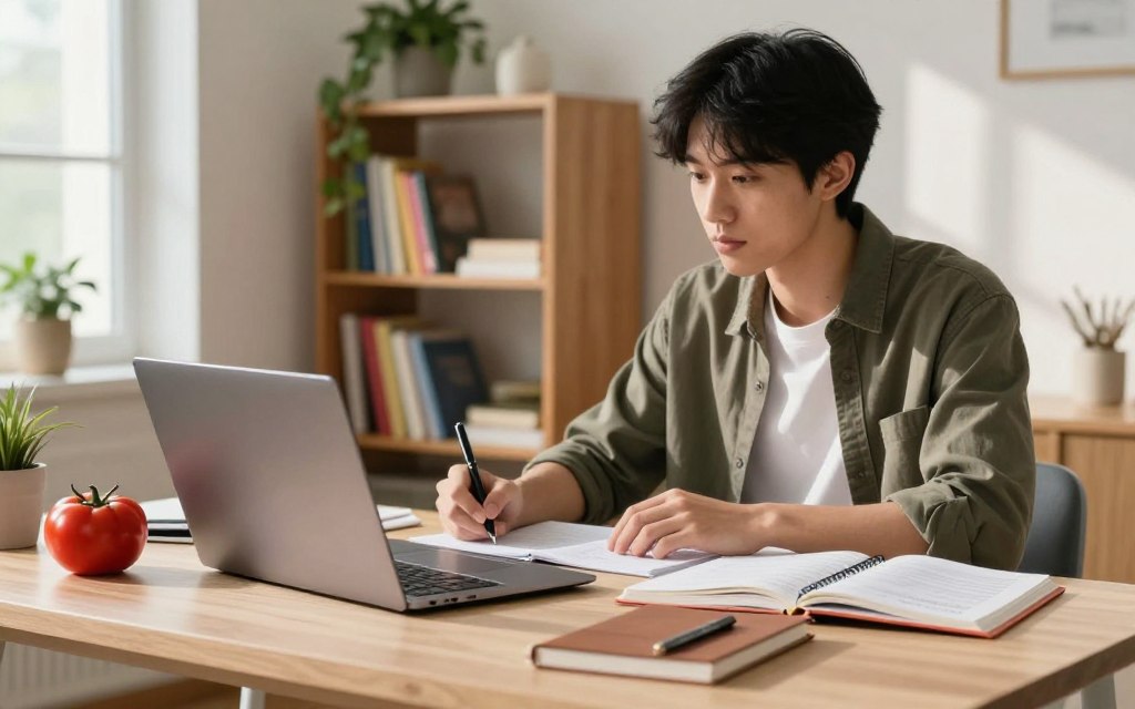 A serene study environment illustrating the "Pomodoro Method". In the foreground, a neatly organized desk with a sleek laptop, a classic tomato timer, and scattered study materials like notebooks and pens. In the middle, a focused student wearing smart casual attire, deeply engaged in their studies, possibly taking notes or looking thoughtfully at the laptop screen. The background features a cozy bookshelf filled with colorful books and plants, adding a touch of greenery. Soft, natural light streams in through a window, casting gentle shadows and creating a warm atmosphere that encourages concentration. The overall mood is productive and calming, capturing the essence of effective studying and the science behind the Pomodoro technique.