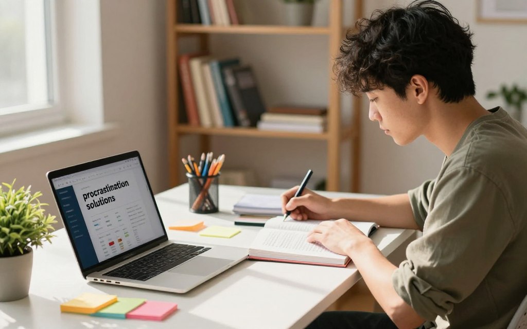 A serene study environment showcasing "procrastination solutions." In the foreground, a neatly organized desk with a laptop displaying a productivity app, surrounded by colorful post-it notes and a motivational plant. In the middle, a young adult in smart casual attire, deeply focused while taking notes from an open textbook. The background features a soft-focus bookshelf filled with educational materials, and a window letting in warm, natural light, casting gentle shadows across the desk. The overall mood is calm and inspiring, conveying a sense of determination and productivity. The composition is balanced with a slightly elevated angle to emphasize both the study space and the person's engagement with their work.
