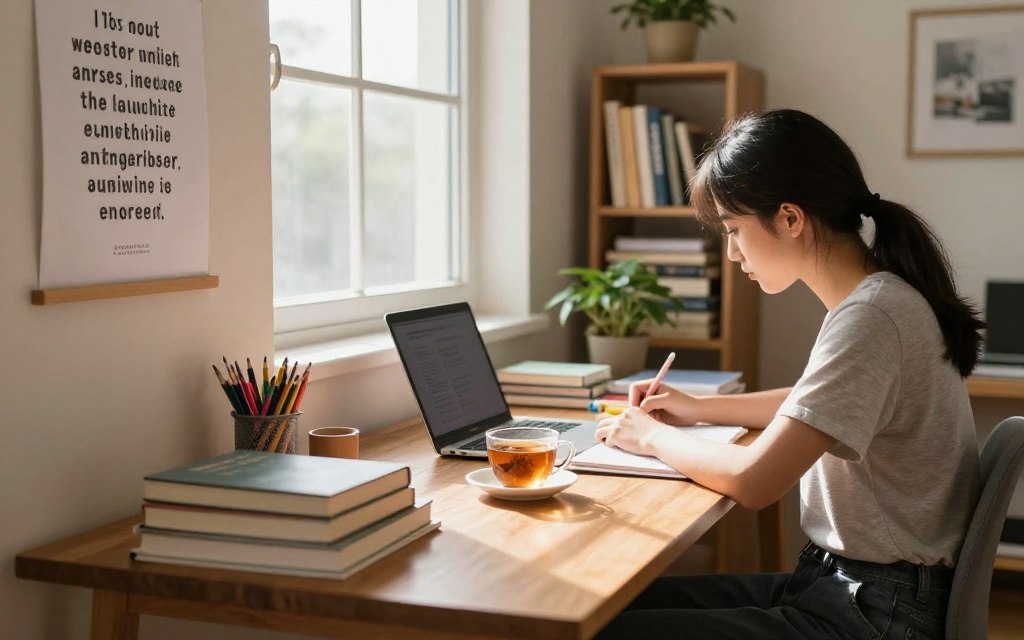 A serene study environment with a focused student seated at a stylish wooden desk, surrounded by neatly organized books and colorful stationery. The foreground features a motivational poster on the wall, displaying quotes about perseverance and learning. In the middle ground, a window lets in warm, natural light, illuminating a cup of herbal tea, creating a cozy atmosphere. The background includes a bookshelf filled with educational resources and a small indoor plant, adding a touch of greenery. The scene is captured from a slightly low angle for a dynamic perspective, evoking a sense of productivity and motivation. The mood is calm yet inspiring, with soft lighting to enhance a feeling of focus and dedication.