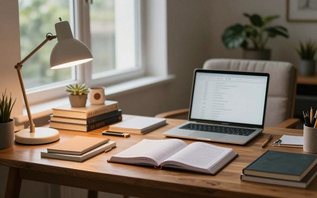 A serene study scene showcasing a cozy workspace designed for optimal focus and productivity. In the foreground, a sleek wooden desk adorned with neatly arranged study materials: books, notebooks, and a stylish laptop. A warm desk lamp casts a soft glow, highlighting an open planner with suggested time slots. In the middle, a comfortable chair with a plush cushion invites relaxation, positioned next to a large window allowing natural light to stream in. Plants in the background enhance the atmosphere, creating a calming vibe. The overall mood is peaceful and inspiring, emphasizing ideal study times without feeling overwhelmed. Soft, diffused focus adds warmth, creating a welcoming environment perfect for concentration and learning.
