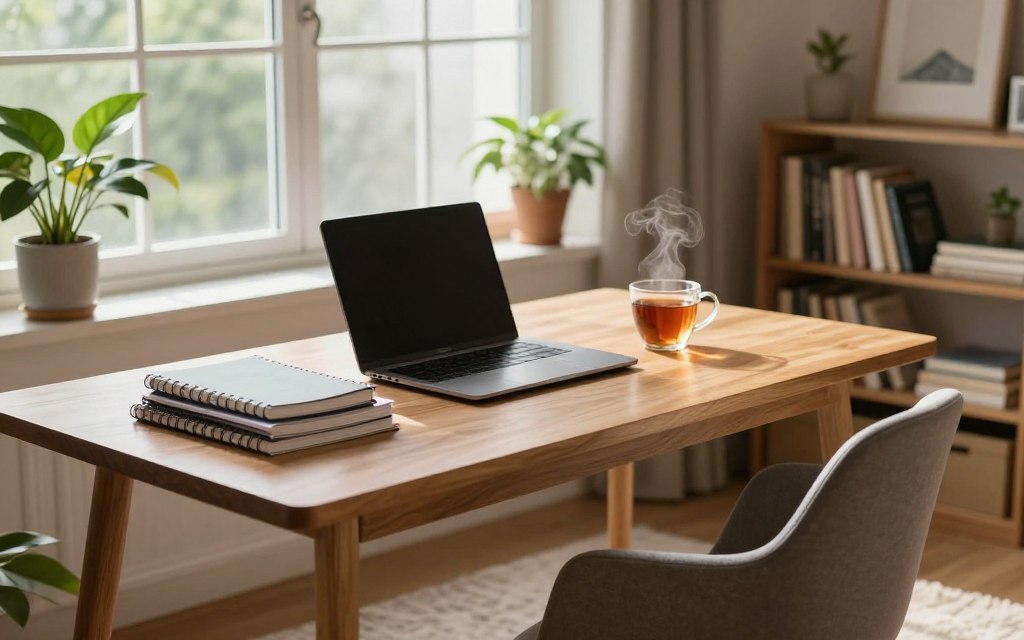 A serene study space designed for concentration and minimal distractions. In the foreground, a neatly arranged wooden desk holds a stack of organized notebooks, a closed laptop, and a steaming cup of tea. A comfortable, stylish chair is positioned at the desk. The middle ground features a large window allowing soft, natural light to flood in, illuminating the space with a warm glow. Lush green plants are placed on the windowsill and a comfortable rug lies beneath the desk, adding to the inviting atmosphere. In the background, shelves filled with books and a subtle piece of art create a calm ambiance. The overall mood is tranquil and focused, perfect for productive study time. The image captures a sense of discipline and clarity, promoting a peaceful environment conducive to effective learning.