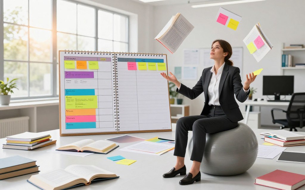 A vibrant, dynamic workspace filled with a variety of study materials scattered across a large table. In the foreground, a focused individual dressed in professional business attire is balanced on a yoga ball, juggling open textbooks, notebooks, and colorful sticky notes, symbolizing the act of managing multiple subjects. In the middle ground, an organized planner is prominently displayed, with colorful sections and notes to reflect flexibility. In the background, a window showcases a sunny day outside, enhancing the bright atmosphere and welcoming light. The overall mood is energetic and productive, suggesting adaptability and organization. A wide-angle lens captures the scene, highlighting the bustling activity and emphasizing the individual’s determination and focus amidst a whirlwind of knowledge.