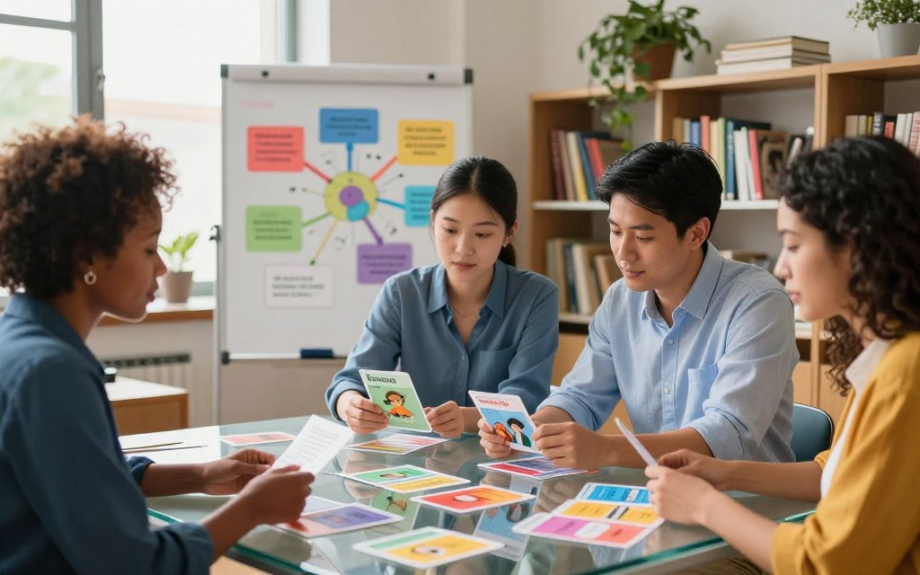 A visually engaging and detailed representation of mnemonic devices in a creative learning environment. In the foreground, a diverse group of three professionals—one Black woman, one Asian man, and one Hispanic woman—are gathered around a transparent glass table, studying colorful flashcards. Each card is creatively illustrated with distinct imagery representing common mnemonic techniques, such as acronyms and visual imagery. In the middle ground, a whiteboard filled with colorful mind maps and diagrams highlights various memory-enhancing strategies. The background features shelves filled with books and plants, promoting a vibrant and academic atmosphere. Soft, natural lighting illuminates the scene from a large window, casting a warm glow, evoking a sense of focus and inspiration. Utilize a subtle depth of field to draw attention to the group while slightly blurring the background.