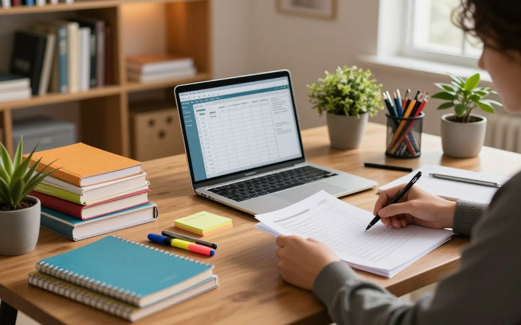 A well-organized study space featuring a wooden desk with neatly stacked textbooks, colorful notebooks, and an array of stationery items like pens, highlighters, and sticky notes. In the foreground, a pair of hands in smart casual attire is arranging papers, emphasizing a clutter-free approach. The middle ground showcases an open laptop displaying a digital planner, harmoniously surrounded by potted plants that bring a touch of nature indoors. In the background, a softly lit bookshelf filled with additional study materials extends along the wall, bathed in warm, ambient light that creates a cozy study atmosphere. The image captures a sense of productivity and calm, ideal for staying focused on academic goals, with a slight depth of field for a professional touch.