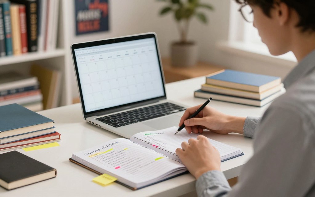 A well-organized study space featuring a young adult dressed in smart casual attire, seated at a desk surrounded by study materials. The foreground consists of a notebook with clearly defined goals and colorful sticky notes illustrating different study goals. In the middle, a laptop displays a digital calendar filled with deadlines and study sessions. The background shows a neatly arranged bookshelf filled with textbooks and motivational posters. Soft, warm lighting creates a cozy atmosphere, enhancing focus and productivity. The image should have a slightly blurred depth of field to emphasize the goals and study materials in the foreground, creating a sense of clarity and purpose in the setting.