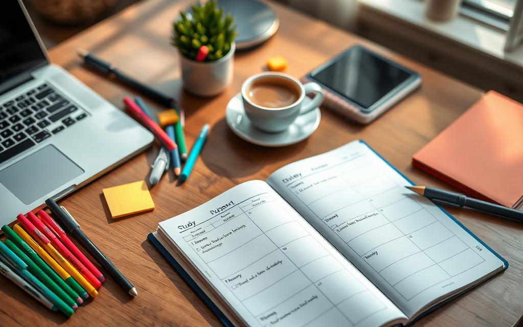 A beautifully organized study routine planner spread out on a wooden desk, featuring neatly arranged stationery items like colorful markers, sticky notes, and a sleek laptop. In the foreground, a stylish planner opened to show a week-by-week study schedule, with sections divided for different subjects and time slots. In the middle ground, a steaming cup of coffee exudes warmth, alongside a small potted plant for a touch of life. The background includes soft, ambient lighting filtering through a nearby window, casting gentle shadows across the scene. The atmosphere feels calm and productive, ideal for focused study sessions. The overall composition invites viewers to immerse themselves in the art of building a personalized study routine, emphasizing organization and clarity.