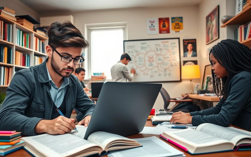 A bright, organized study space showcasing a diverse group of students deeply engaged in their study workflow. In the foreground, a focused student in smart casual attire is taking notes on a laptop, surrounded by open textbooks and colorful study materials. The middle ground features another student writing on a whiteboard filled with mind maps and study schedules. The background displays a cozy library-like atmosphere, with bookshelves, soft lighting from a desk lamp, and motivational posters on the walls. The scene is infused with a sense of productivity and urgency, with natural light streaming in through a window, enhancing the mood of concentration and academic commitment. The camera angle is slightly above eye level, capturing the entire workflow setup.