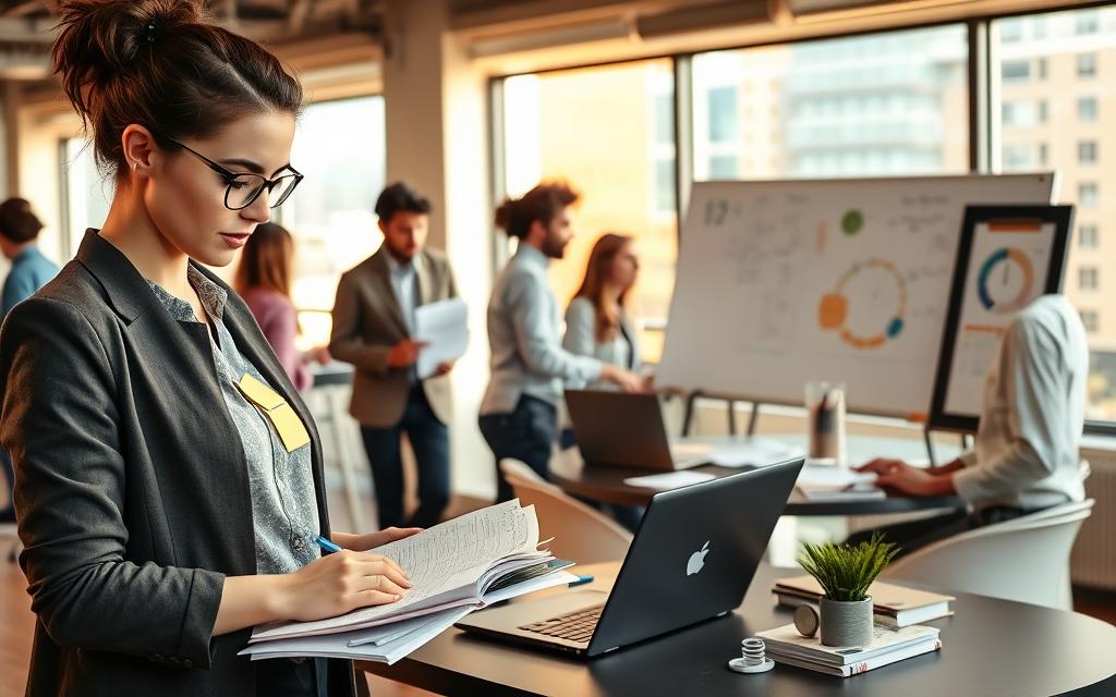 A busy office environment depicting diverse professionals engaged in time management strategies. In the foreground, a young woman in smart casual attire is focused on her planner, surrounded by sticky notes, a digital clock, and a laptop displaying a calendar. The middle ground features colleagues collaborating at a round table, discussing schedules with charts and diagrams on a whiteboard. The background shows a modern office with large windows, allowing warm natural light to flood the scene, creating a productive and motivating atmosphere. The mood is one of determination and focus, emphasizing the challenges busy individuals face in managing their study routines effectively.
