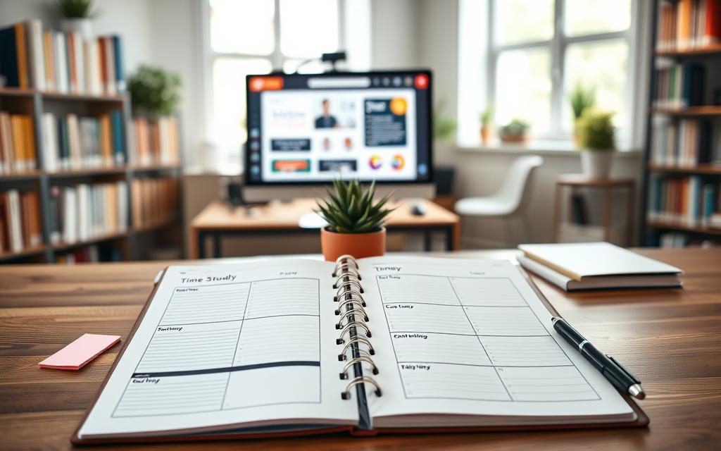 A clean and modern daily study planner template set on a wooden desk in a well-lit room. The foreground features an open planner with neatly organized sections for time management, goal setting, and daily tasks. There are colorful sticky notes and a sleek pen placed beside it. In the middle, a potted plant adds a touch of greenery, while a computer screen can be seen displaying educational resources, hinting at an engaged study environment. The background shows shelves filled with books, enhancing the academic atmosphere. Soft, natural lighting streams in from a nearby window, creating an inviting and focused mood. The image should be sharp and clear, capturing the essence of productivity and organization without any text or brand logos.