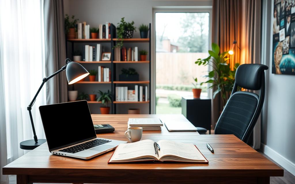 A cozy and organized study zone featuring a stylish wooden desk positioned prominently in the foreground, adorned with a laptop, an open notebook, and a steaming cup of coffee. A comfortable ergonomic chair invites study sessions. In the middle ground, a wall-mounted bookshelf filled with neatly arranged books and potted plants adds a touch of greenery. Soft ambient lighting illuminates the workspace from a stylish desk lamp, creating a warm, inviting atmosphere. A large window in the background lets in natural light, framed by sheer curtains, offering a view of a peaceful garden. The overall mood is calm and focused, encouraging productivity and creativity in a dedicated study space. A cozy and organized study zone featuring a stylish wooden desk positioned prominently in the foreground, adorned with a laptop, an open notebook, and a steaming cup of coffee. A comfortable ergonomic chair invites study sessions. In the middle ground, a wall-mounted bookshelf filled with neatly arranged books and potted plants adds a touch of greenery. Soft ambient lighting illuminates the workspace from a stylish desk lamp, creating a warm, inviting atmosphere. A large window in the background lets in natural light, framed by sheer curtains, offering a view of a peaceful garden. The overall mood is calm and focused, encouraging productivity and creativity in a dedicated study space.