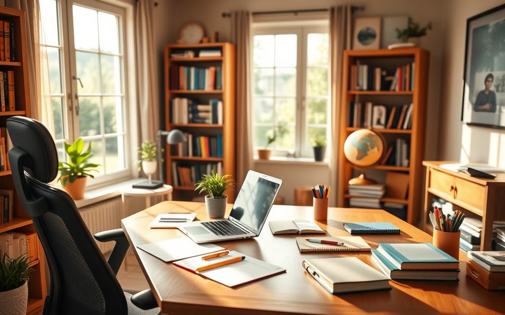 A cozy home study space overflowing with natural light, featuring a sleek wooden desk with an open laptop, scattered notebooks, and colorful stationery neatly organized. In the foreground, a comfortable ergonomic chair invites focus, while a small potted plant adds a touch of fresh greenery. The middle ground showcases a well-stocked bookshelf, filled with books and a vintage globe, enhancing the intellectual atmosphere. In the background, a large window reveals a serene garden view, softening the ambiance. The lighting is warm, suggesting a calm afternoon, with sun rays casting gentle shadows on the desk. The overall mood is peaceful and inspiring, perfect for effective studying.