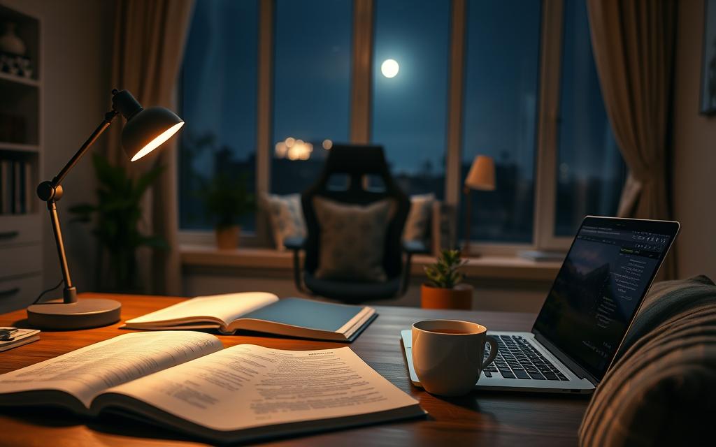 A cozy study environment designed for night owls, featuring a comfortable desk with a stylish lamp emitting warm, inviting light. In the foreground, a neatly arranged desk displays open notebooks, a laptop, and a cup of steaming herbal tea. The middle section showcases an ergonomic chair, creatively arranged cushions, and a small potted succulent for a touch of nature. In the background, a large window reveals a starry night sky, and gentle moonlight streams in, enhancing the serene atmosphere. Soft, ambient lighting creates a focused yet relaxed mood. The scene is captured from an angle that emphasizes depth while maintaining a clear view of the entire setup, inviting viewers to immerse themselves in this tranquil nighttime study space.