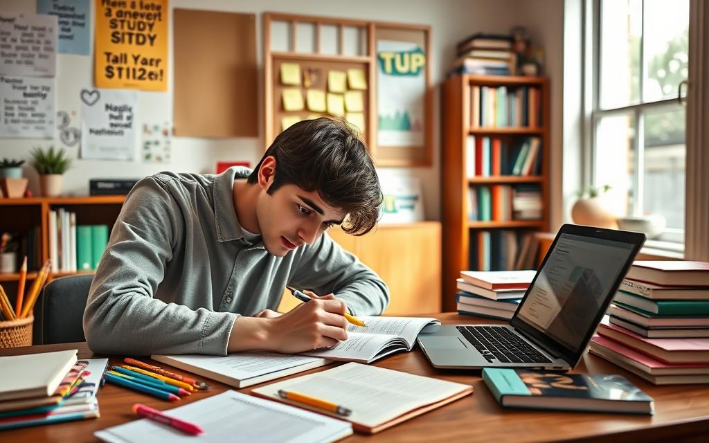 A cozy study environment with a wooden desk cluttered with colorful stationery, notebooks, and a laptop open to a digital study guide. In the foreground, a focused young adult in modest casual clothing, hunched over notes, highlighting key information with a vibrant yellow highlighter. The middle layer showcases a wall adorned with motivational posters and a bulletin board filled with sticky notes of study tips. In the background, a bookshelf filled with textbooks and a large window allows soft, natural light to stream in, casting a warm glow. The mood is calm and productive, emphasizing the importance of assessing knowledge and effective study habits, while inviting viewers to feel inspired and motivated for quick exam preparation.