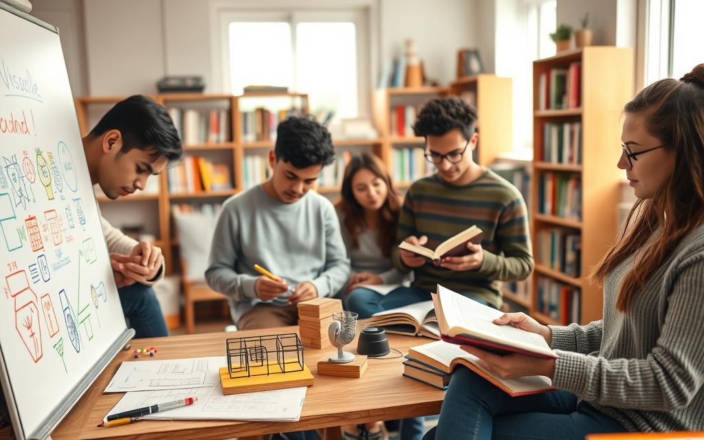 A cozy study room featuring a diverse group of four individuals engaged in various learning activities that reflect different learning styles. In the foreground, a visual learner sketches on a whiteboard filled with colorful diagrams, while a tactile learner assembles a model on a nearby table. In the middle ground, an auditory learner listens to a podcast while taking notes, and a reading/writing learner reads a book surrounded by notepads. The background shows a well-lit room with bookshelves filled with educational materials and soft natural light streaming through a window. The atmosphere is focused and collaborative, conveying a sense of motivation and exploration in learning. Use soft focus to highlight the individuals and maintain a warm color palette to evoke a welcoming environment.