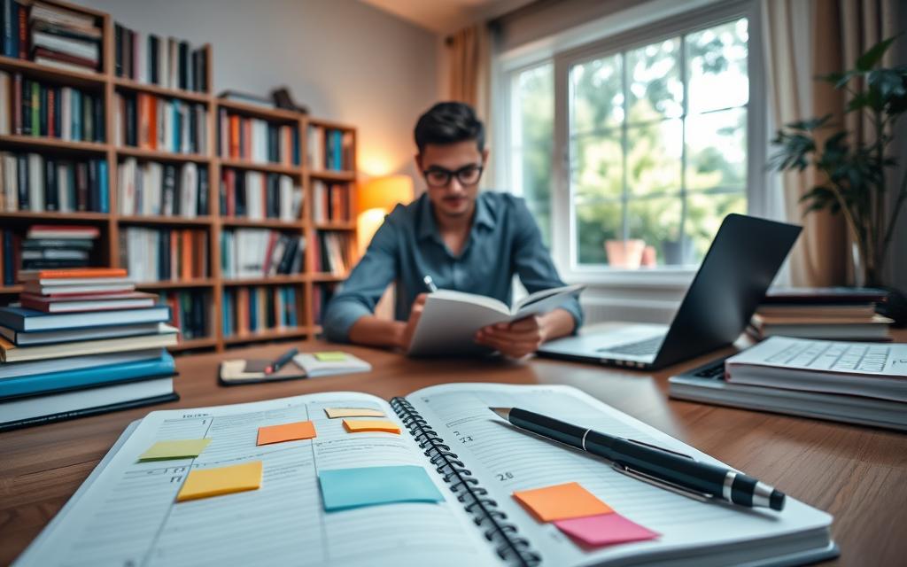 A cozy study scene showcasing an effective planner for studying. In the foreground, a neatly arranged desk features an open planner filled with colorful sticky notes, well-organized pages, and a black pen lying next to it. In the middle, a focused student in casual yet professional clothing is writing in the planner, surrounded by textbooks and a laptop. The background includes a bookshelf filled with academic books, a soft lamp providing warm lighting, and a window with a view of a peaceful garden. The angle is slightly from above, capturing both the planner's details and the student's concentration. The overall mood conveys productivity and organization, emphasizing the benefits of using a planner for studying.
