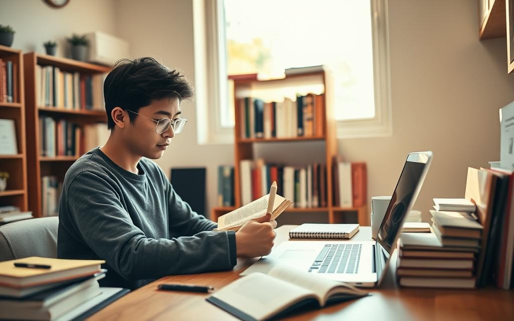A cozy study space featuring a focused student in modest casual clothing sitting at a wooden desk surrounded by books and stationery. In the foreground, the student is highlighted, intently reading a book and taking notes, with a laptop open beside them. In the middle, an organized bookshelf filled with a variety of subjects, illustrating a personalized learning approach. The background showcases a bright window allowing soft, warm sunlight to stream in, creating a calm and inviting atmosphere. The lighting is soft and natural, enhancing the serene mood conducive to independent study. The angle captures the student's concentration from a slightly elevated perspective, emphasizing engagement and dedication to learning.