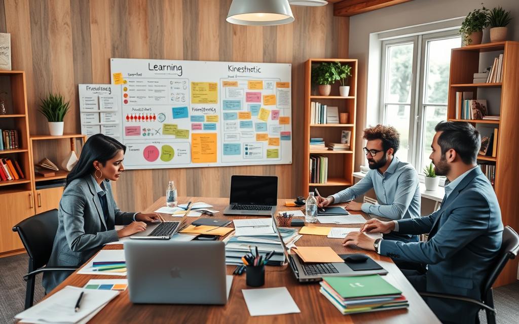 A cozy study space focusing on effective learning styles for busy individuals. In the foreground, a diverse group of three people—one woman and two men—representing different ethnicities, sit around a wooden table laden with colorful study materials. They wear professional business attire, engaged in discussion, with laptops open and notes scattered around. The middle ground features a large board filled with visual aids, charts, and sticky notes highlighting various learning styles such as auditory, visual, and kinesthetic. In the background, a bright window lets in natural light, illuminating a serene bookshelf with academic books and potted plants. The atmosphere is motivating and productive, with a warm color palette that invokes focus and calmness, captured with a soft focus lens to enhance the inviting mood.