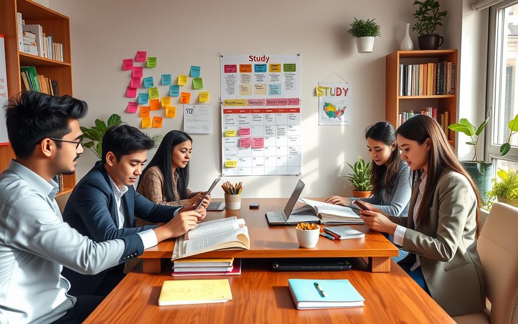 A cozy study space showcasing effective study habits. In the foreground, a diverse group of three students, one male and two females, are seated at a wooden table, each engaged with open books and digital devices, wearing professional business attire. The middle features a wall adorned with colorful sticky notes, a poster of a study plan, and a calendar filled with study schedules. Soft, natural light streams in through a window, creating a warm atmosphere. In the background, a bookshelf filled with neatly organized books and plants adds a touch of greenery. The overall mood is focused, productive, and encouraging, embodying the essence of effective study habits.