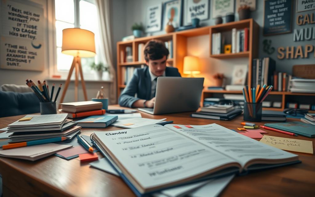 A cozy study space with a wooden desk cluttered with colorful planner notebooks, sticky notes, and pens, arranged neatly to depict an organized study plan for exams. A student, dressed in smart casual attire, concentrates on a laptop, surrounded by motivational quotes on the walls. The foreground features an open planner, showing clearly marked deadlines and study sessions. In the middle ground, a softly glowing desk lamp casts warm light over the workspace, enhancing a focused atmosphere. The background includes a bookshelf filled with textbooks and inspiring decorations, while a window allows gentle daylight to filter in, creating a serene and motivating environment. The overall mood is productive and encouraging, perfect for emphasizing the importance of study planning.