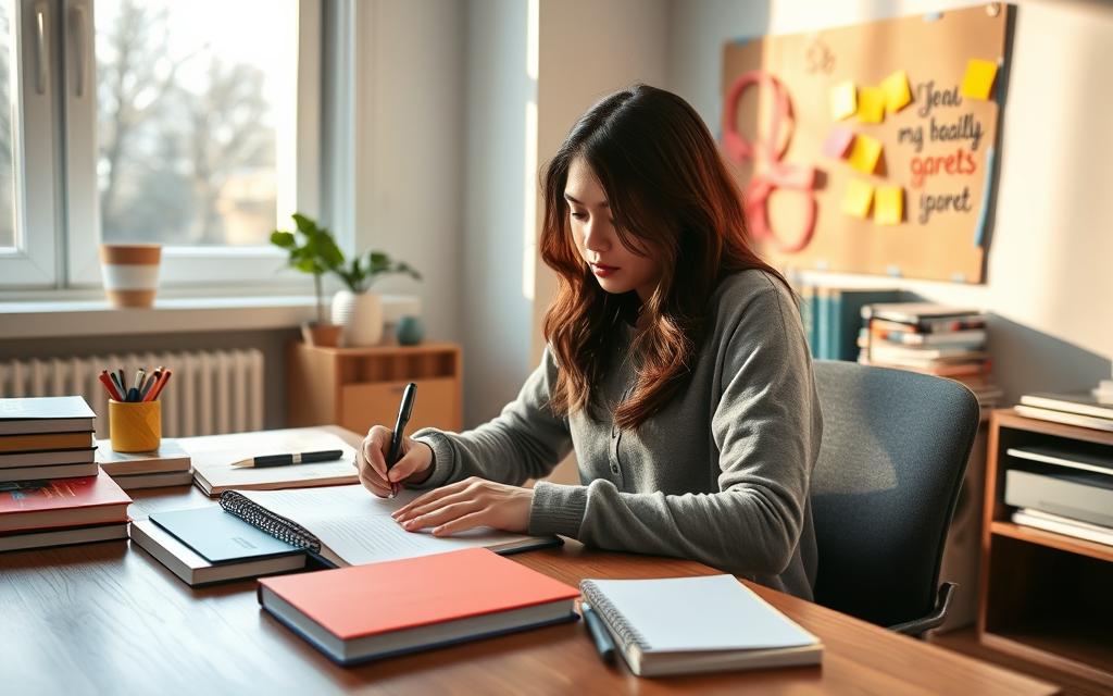A focused and determined student sits at a well-organized wooden desk, surrounded by textbooks, notebooks, and stationery. The student, a young woman in modest casual clothing, is writing her academic goals in a planner. Soft morning light filters in through a large window, casting a warm glow across the room, enhancing the clean and inspiring atmosphere. In the background, a bulletin board displays colorful sticky notes and motivational quotes, symbolizing aspiration and progress. The angle of the shot is slightly elevated, capturing both the student’s concentration and the inviting workspace. The mood is one of motivation and clarity, emphasizing the significance of setting and achieving academic goals.