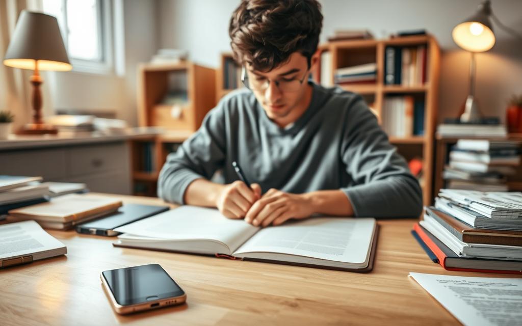 A focused student sits at a well-organized desk, surrounded by common distractions like a smartphone, social media notifications, and scattered books. The foreground features the student's hands on an open notebook, showcasing neat handwriting. In the middle ground, the smartphone vibrates with notifications, drawing the viewer's attention. The background includes a soft-lit room with a bookshelf and study lamp, creating a warm atmosphere. Natural light filters through a window, casting gentle shadows. The student, dressed in modest casual clothing, appears contemplative yet determined, symbolizing the struggle to maintain concentration. Overall, the scene conveys a balance between focus and the allure of distractions, illustrating the challenge of studying effectively.