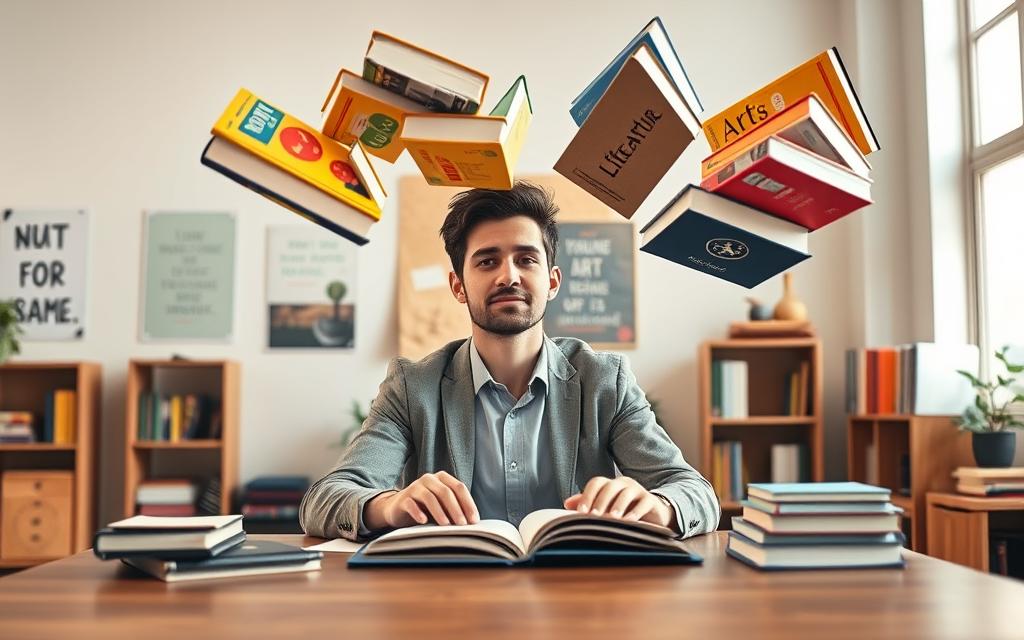 A focused student sitting at a large wooden desk, juggling colorful textbooks representing various subjects like math, science, art, and literature in mid-air. The foreground features the student, dressed in smart casual clothing, with a look of concentration on their face. In the middle ground, the textbooks float above the desk, showcasing vibrant covers and titles, creating a sense of playful chaos. The background includes a well-organized study space with motivational posters on the walls and a large window letting in soft, ambient daylight, enhancing the serene atmosphere. The overall mood is dynamic yet contemplative, visually capturing the balance and challenge of studying multiple subjects simultaneously. The scene is shot from a slightly low angle to emphasize the juggling action, creating a striking focal point.