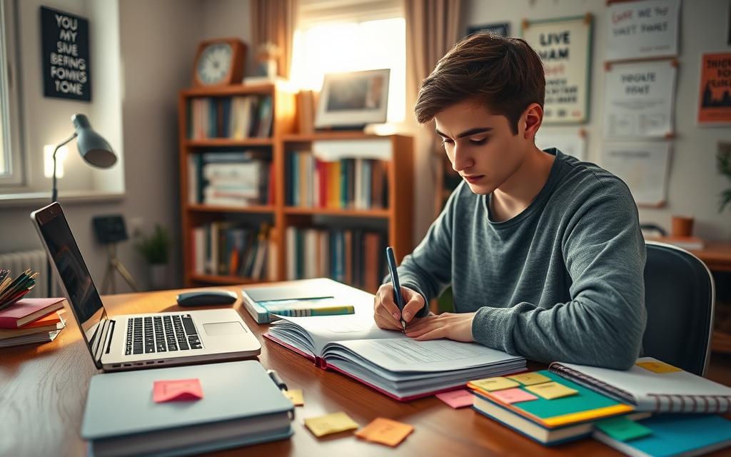 A focused study scene set in a well-lit, cozy study room. In the foreground, a young adult, dressed in casual but neat attire, is seated at a wooden desk covered with colorful notebooks, a laptop, and stationery. They are intently writing in a planner, surrounded by sticky notes that outline their study goals. In the middle background, a bookshelf filled with neatly arranged books and motivational posters can be seen. Soft sunlight streams through a window, casting a warm glow across the room, enhancing a sense of calm and productivity. The overall atmosphere is inviting and inspiring, encouraging viewers to embrace a structured study approach.