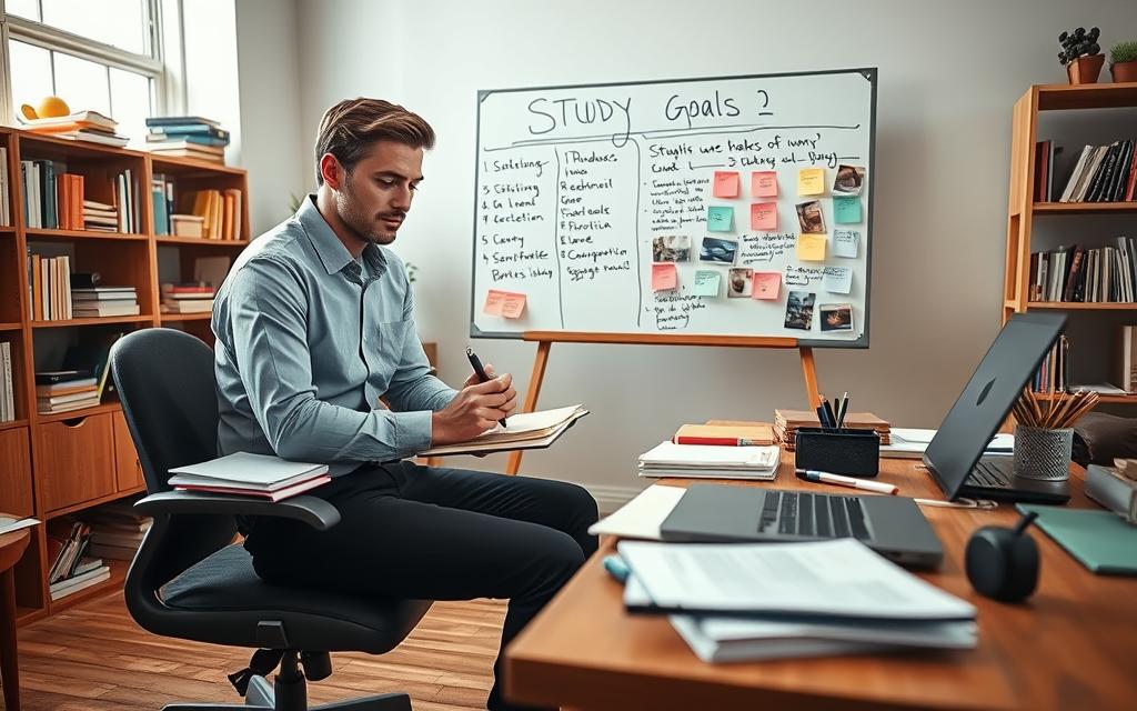 A focused study space in a well-lit room, featuring a sturdy wooden desk cluttered with neatly organized notebooks, pens, and a laptop displaying study goals. In the foreground, a person in professional attire (a smart shirt and trousers) sits attentively, with a thoughtful expression, reviewing a study schedule. In the middle ground, a large whiteboard or corkboard is filled with clear, colorful sticky notes outlining specific study objectives, surrounded by motivational images. The background features shelves filled with books and a window allowing soft, natural light to illuminate the scene. The atmosphere is calm and focused, evoking a sense of determination and inspiration for efficient study habits. Use a shallow depth of field to emphasize the subject while softly blurring the background. A focused study space in a well-lit room, featuring a sturdy wooden desk cluttered with neatly organized notebooks, pens, and a laptop displaying study goals. In the foreground, a person in professional attire (a smart shirt and trousers) sits attentively, with a thoughtful expression, reviewing a study schedule. In the middle ground, a large whiteboard or corkboard is filled with clear, colorful sticky notes outlining specific study objectives, surrounded by motivational images. The background features shelves filled with books and a window allowing soft, natural light to illuminate the scene. The atmosphere is calm and focused, evoking a sense of determination and inspiration for efficient study habits. Use a shallow depth of field to emphasize the subject while softly blurring the background.