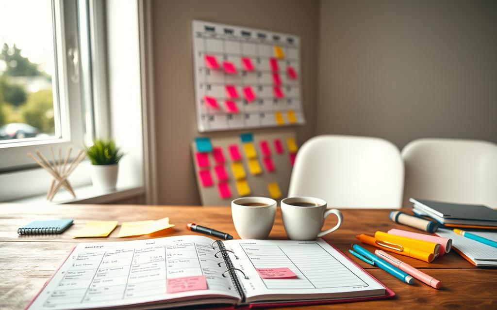 A neatly organized study timetable laid out on a wooden desk, filled with colorful sticky notes and highlighters, showcasing a balance of subjects including math, science, and literature. The foreground features an open planner with detailed schedules and a cup of coffee, symbolizing focus and motivation. In the middle, a well-lit window allows natural light to flood the scene, enhancing a calm and productive atmosphere. Consider incorporating a wall calendar in the background with visual reminders and goals, adding a sense of structure. The mood is vibrant yet serene, a perfect environment for novices to learn the importance of a structured study schedule. The image should maintain a professional aesthetic with no text or distractions.