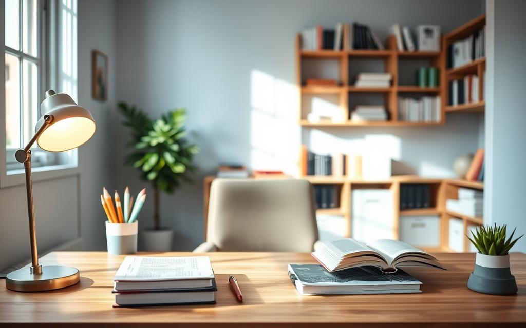 A serene and minimalistic study environment featuring a wooden desk with neatly arranged stationery, an open laptop, and a potted plant, creating a vibe of tranquility. In the foreground, there's a softly lit desk lamp casting warm light over a stack of books. The middle ground includes a comfortable chair positioned at the desk, with a large window behind it allowing natural sunlight to pour in, illuminating the space. In the background, shelves are filled with neatly organized books and a calming light blue wall, enhancing the focus-friendly atmosphere. The mood is peaceful and inviting, ideal for concentration, captured with a soft focus lens effect to create a dreamy ambiance. The overall image should convey an organized, distraction-free study space perfect for deep learning.