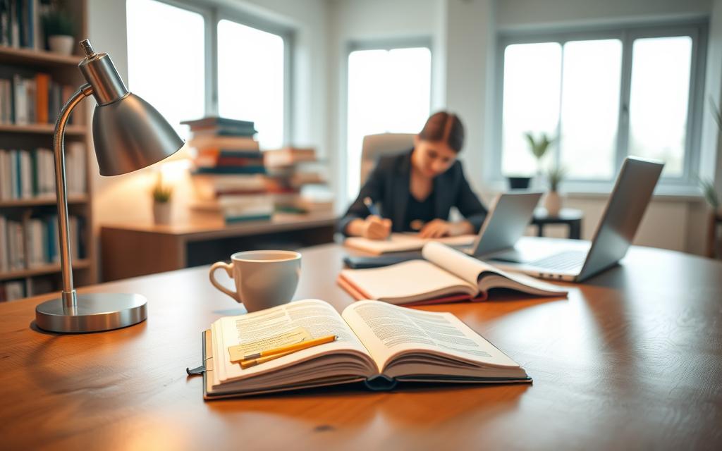 A serene and motivating study environment showcasing the benefits of daily study habits. In the foreground, a neatly organized wooden desk features an open notebook with colorful notes, a cup of steaming coffee, and a glowing desk lamp, symbolizing focus and productivity. The middle layer displays a focused person in smart casual attire, actively writing and surrounded by textbooks and a laptop, embodying dedication and consistency. In the background, a large window lets in soft, natural light, illuminating the room and creating a peaceful atmosphere. The scene conveys a sense of accomplishment and tranquility, encouraging viewers to embrace the importance of daily study routines. The overall mood is inspiring and calm, emphasizing clarity and motivation in the study process.