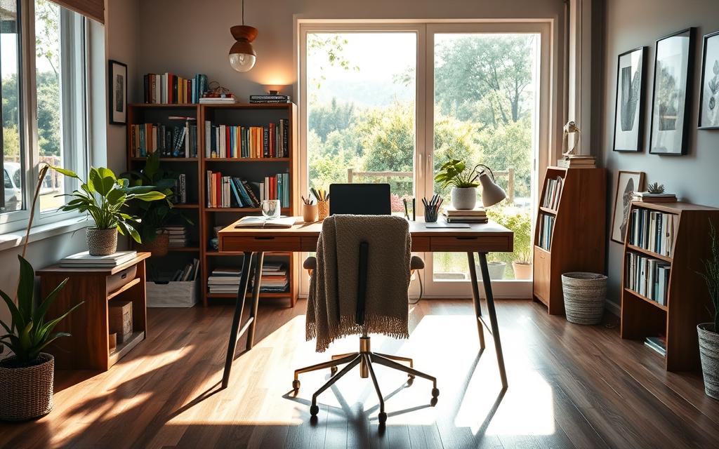 A serene, dedicated study space illuminated by natural light streaming through a large window. In the foreground, a stylish wooden desk is neatly organized with books, a laptop, stationery, and a potted plant, creating a conducive environment for focus. A comfortable chair sits in front of the desk, draped with a cozy throw blanket. The middle ground features a large bookshelf filled with colorful books and some inspirational art on the walls. In the background, a peaceful view of a garden can be seen through the window, enhancing the relaxing atmosphere. Soft sunlight casts gentle shadows, adding warmth to the scene. The overall mood is calm, inviting, and focused, ideal for an extended study session.