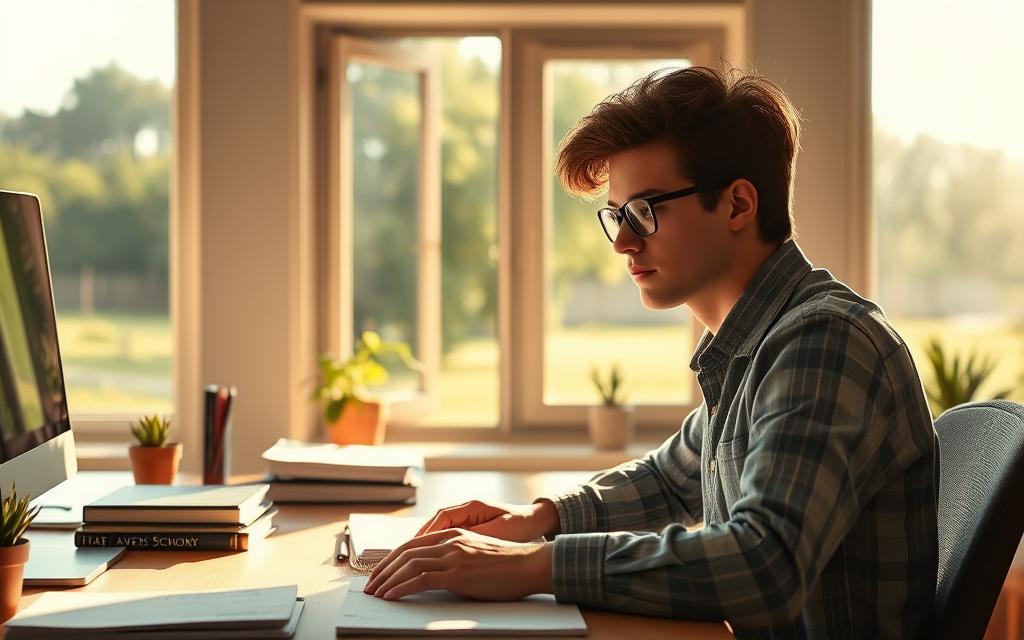A serene study environment capturing peak productivity times. In the foreground, a focused young adult, dressed in smart casual attire, is seated at a well-organized desk, surrounded by books and notes. A large window in the middle of the scene allows warm, natural light to flood in, illuminating the workspace. Sunlight casts gentle shadows, enhancing the calm atmosphere. In the background, a peaceful landscape with greenery is visible beyond the window, promoting a sense of tranquility and focus. The angle of the shot is slightly above eye level, providing an inviting perspective that showcases the individual's concentration. The mood is one of productivity and clarity, epitomizing the harmony of energetic focus and a peaceful environment for studying.