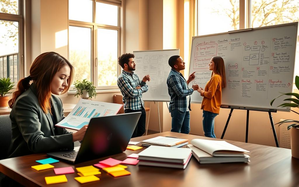 A serene study environment featuring a diverse group of students engaging in different methods of tracking their study progress. In the foreground, a young woman in professional attire is sitting at a desk, examining charts and graphs on a laptop, while a young man beside her, modestly dressed, takes notes with colorful sticky notes scattered around. In the middle ground, two students are collaborating on a whiteboard filled with diagrams and to-do lists, actively discussing their milestones. In the background, large windows allow warm, natural light to fill the space, casting soft shadows. The mood is focused yet encouraging, promoting a sense of motivation and purpose in tracking academic achievements, with vibrant colors enhancing the positive atmosphere. The composition is shot at eye-level, emphasizing the students’ determination and engagement in their studies.
